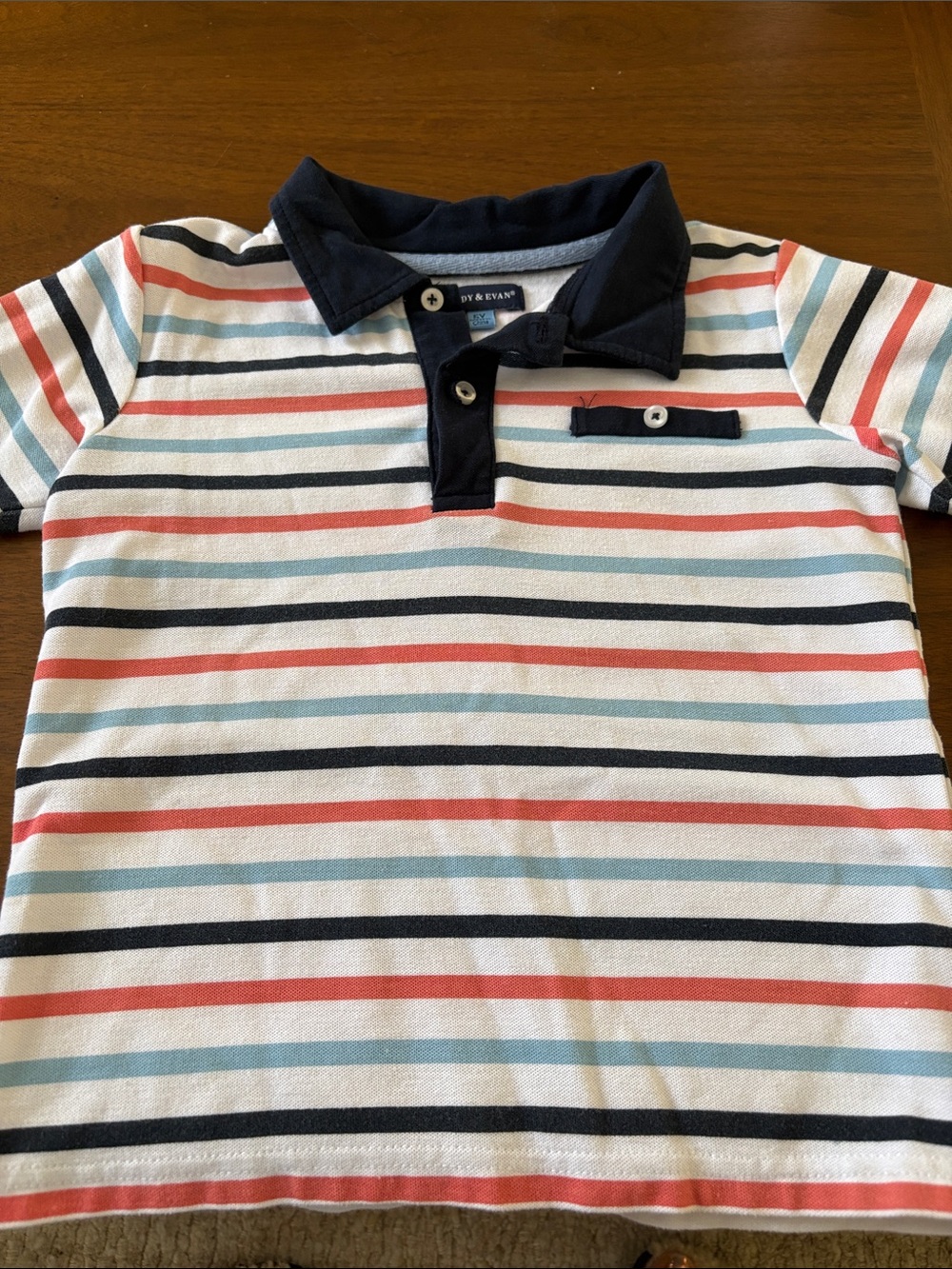 Andy & Evan Navy Collar Striped Polo - White/Coral/Light Blue